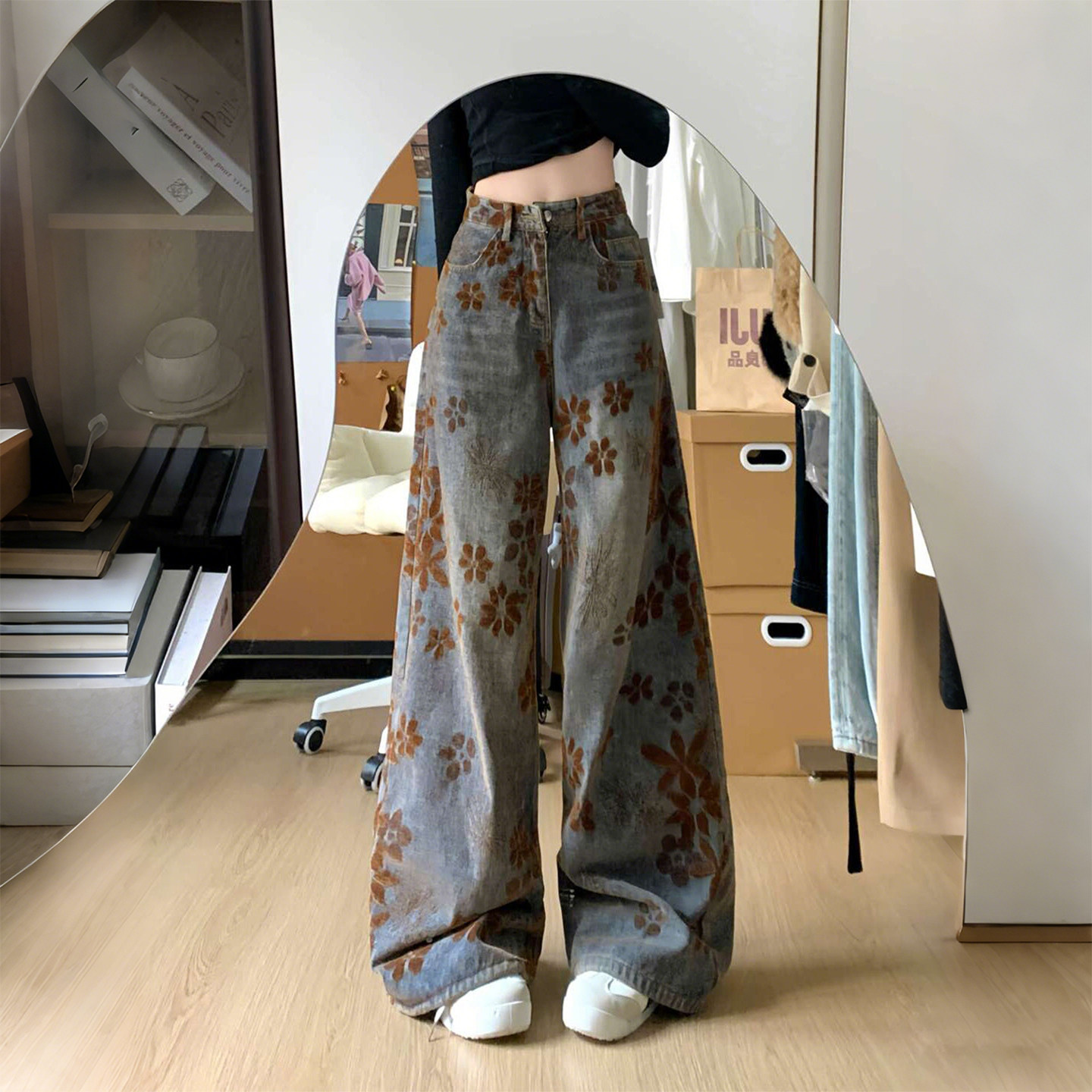 特大码女装胖mm复古设计感印花阔腿牛仔裤女高腰宽松显瘦弯刀裤潮,女装/女士精品,大码裤装,淘宝优惠券,粉丝福利购,淘宝优惠卷