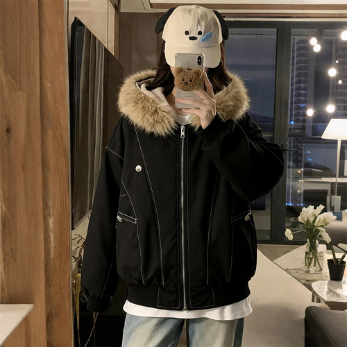 特大码女装美式风毛领连帽棉服