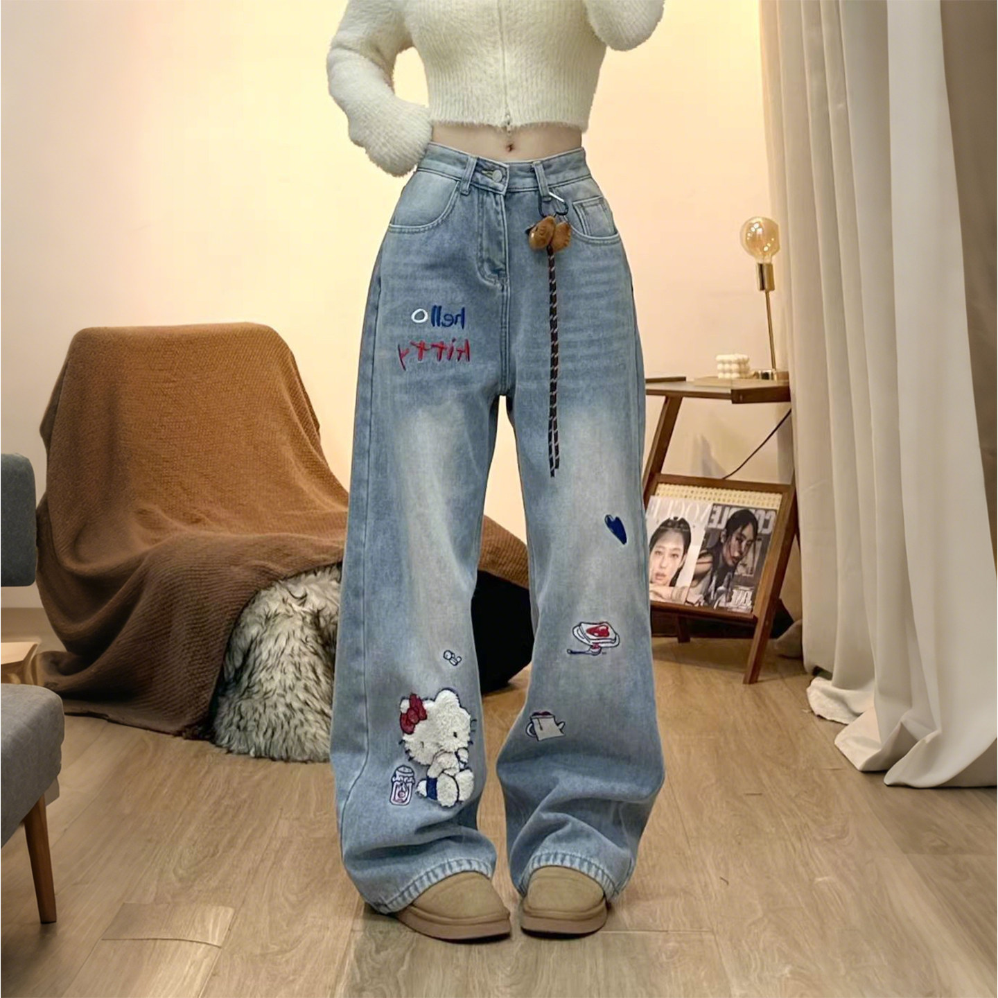 300斤胖mm大码女装梨型身材可爱刺绣牛仔裤女高腰百搭显瘦阔腿裤,女装/女士精品,大码裤装,淘宝优惠券,粉丝福利购,淘宝优惠卷