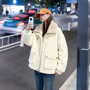 宽松加绒加厚保暖棉袄外套潮 胖mm韩系羊羔毛领棉服女冬季 大码 女装