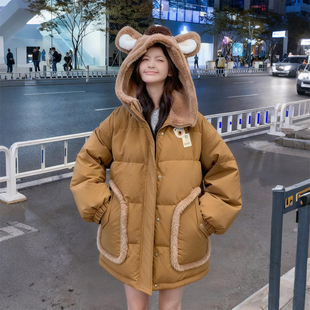 加厚保暖宽松外套棉衣潮 胖mm卡通风小熊连帽棉服女冬季 特大码 女装