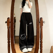 女高腰显瘦格子翻边休闲裤 胖mm可爱卡通猫咪刺绣直筒裤 潮 女装 大码