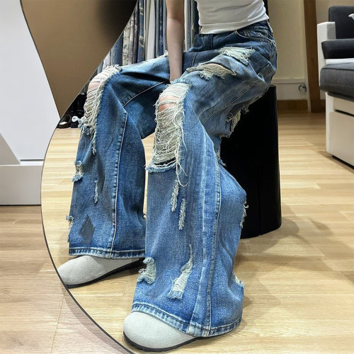 300斤胖mm大码复古水洗破洞牛仔裤女高腰阔腿裤宽松显瘦直筒裤子