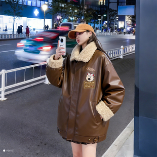 特大码 胖mm复古羊羔绒皮衣棉服女宽松显瘦加厚保暖夹克外套潮 女装