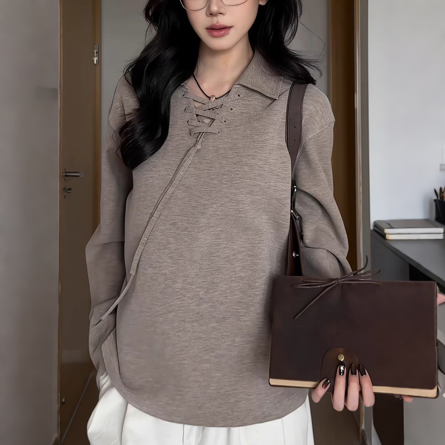 特大码韩版设计感系带翻领卫衣