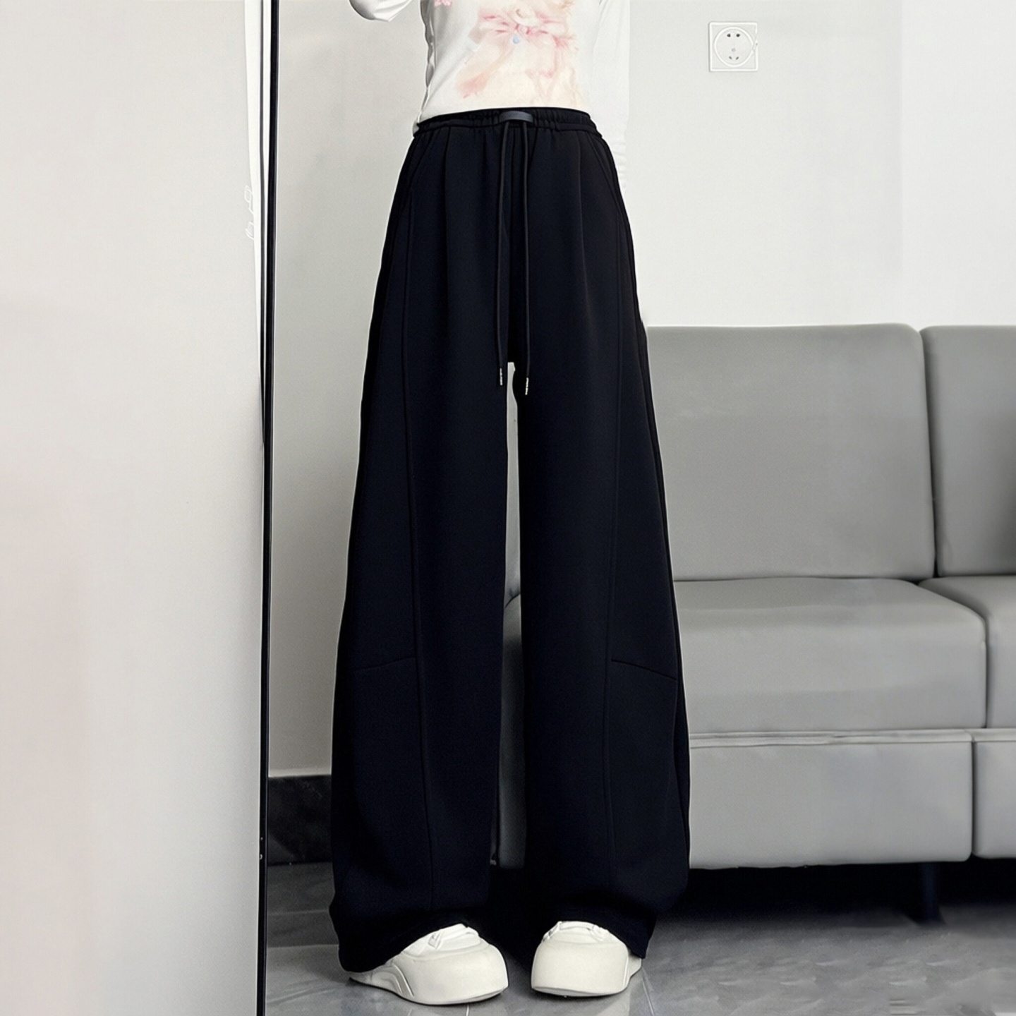 特大码女装胖mm黑色抽绳阔腿裤女高腰显瘦垂感休闲慵懒风宽松裤子
