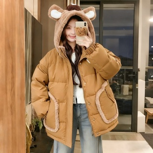 小熊毛绒帽棉服女冬季 胖mm韩版 加绒加厚宽松棉服外套潮 女装 特大码