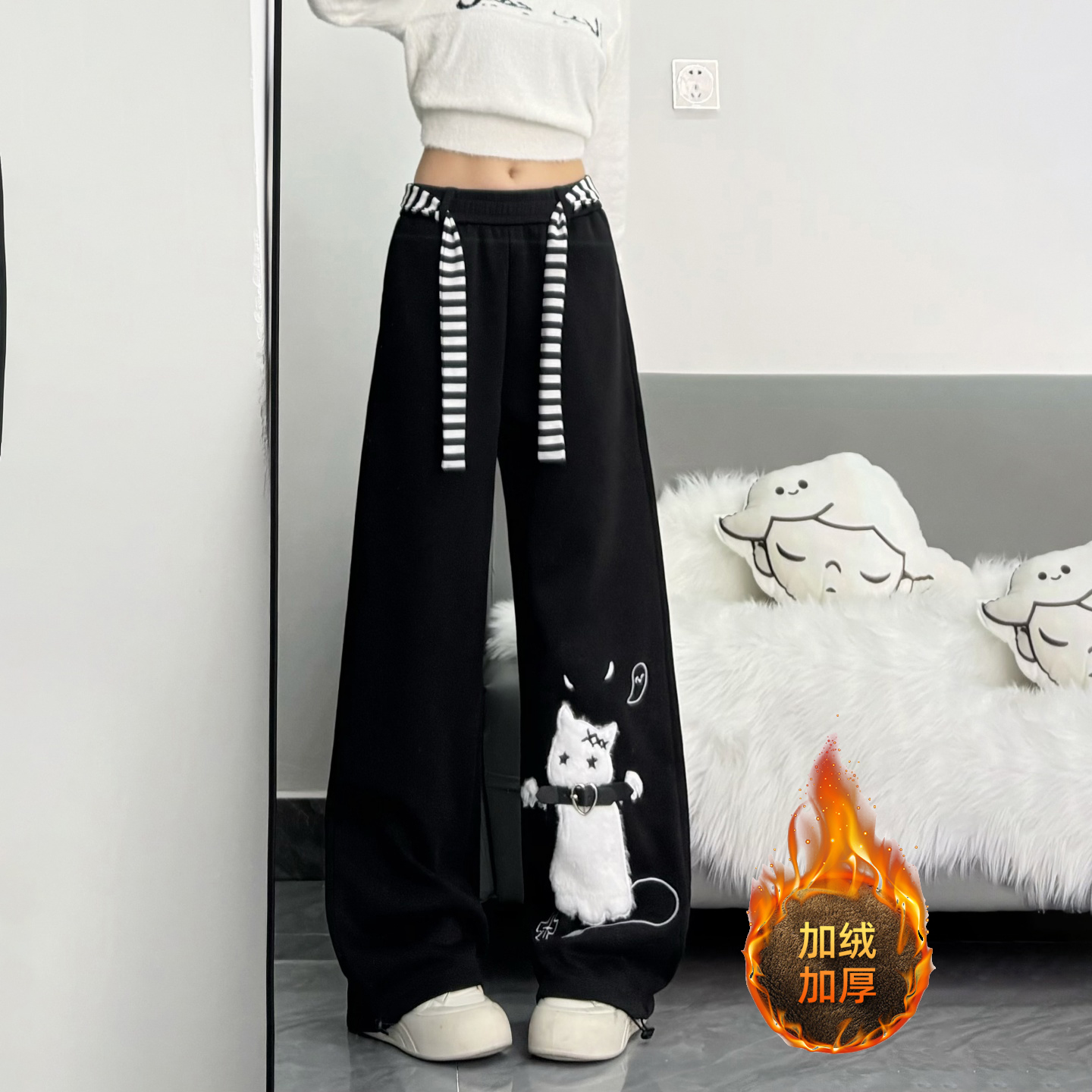 胖mm大码女装可爱猫咪刺绣卫裤