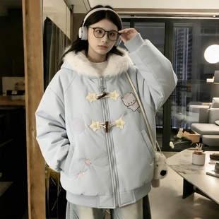 300斤胖mm大码 甜美风卡通连帽棉服女宽松加厚保暖减龄棉衣外套潮