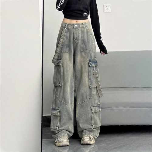 大码女装工装风多口袋牛仔裤