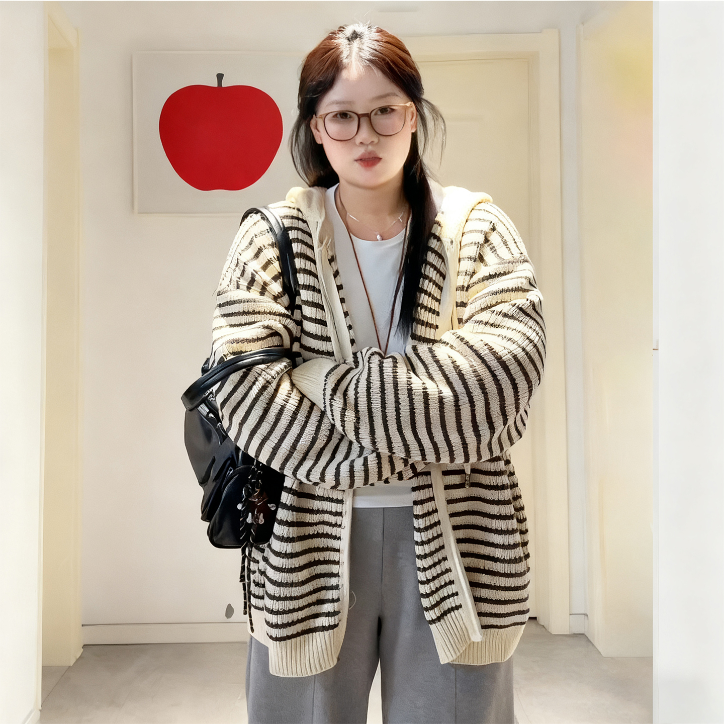 特大码女装胖mm条纹连帽针织开衫