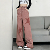 女装 显瘦直筒长裤 胖mm美式 女宽松阔腿裤 复古星星刺绣牛仔裤 特大码