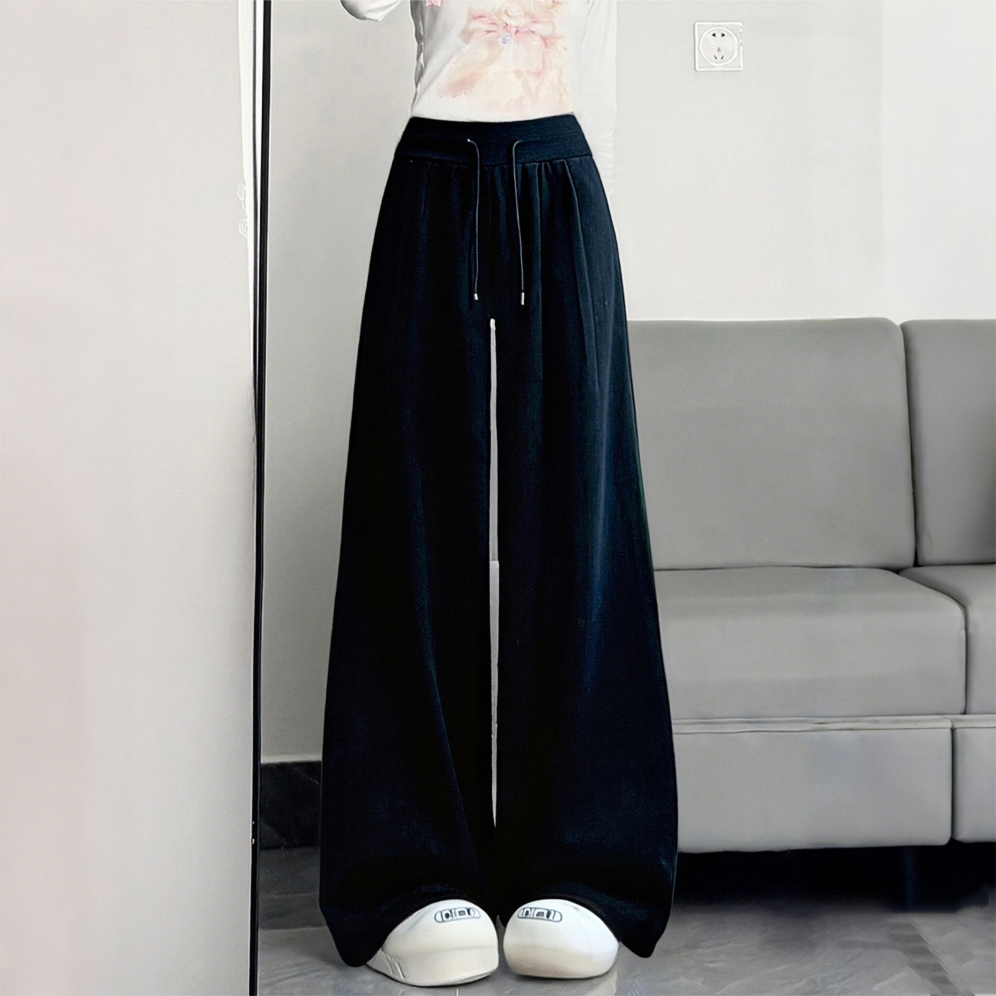 大码女装黑色抽绳阔腿卫裤