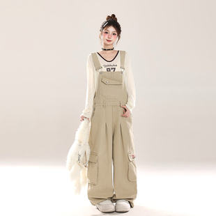 女装 女高腰显瘦宽松直筒长裤 胖mm美式 背带裤 潮 复古多口袋工装 大码