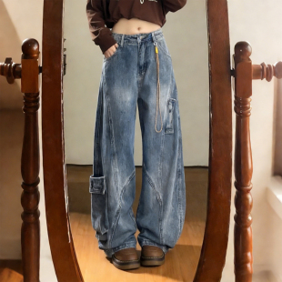 女高腰宽松显瘦多口袋阔腿裤 300斤大码 风弯刀牛仔裤 胖mm工装 女装