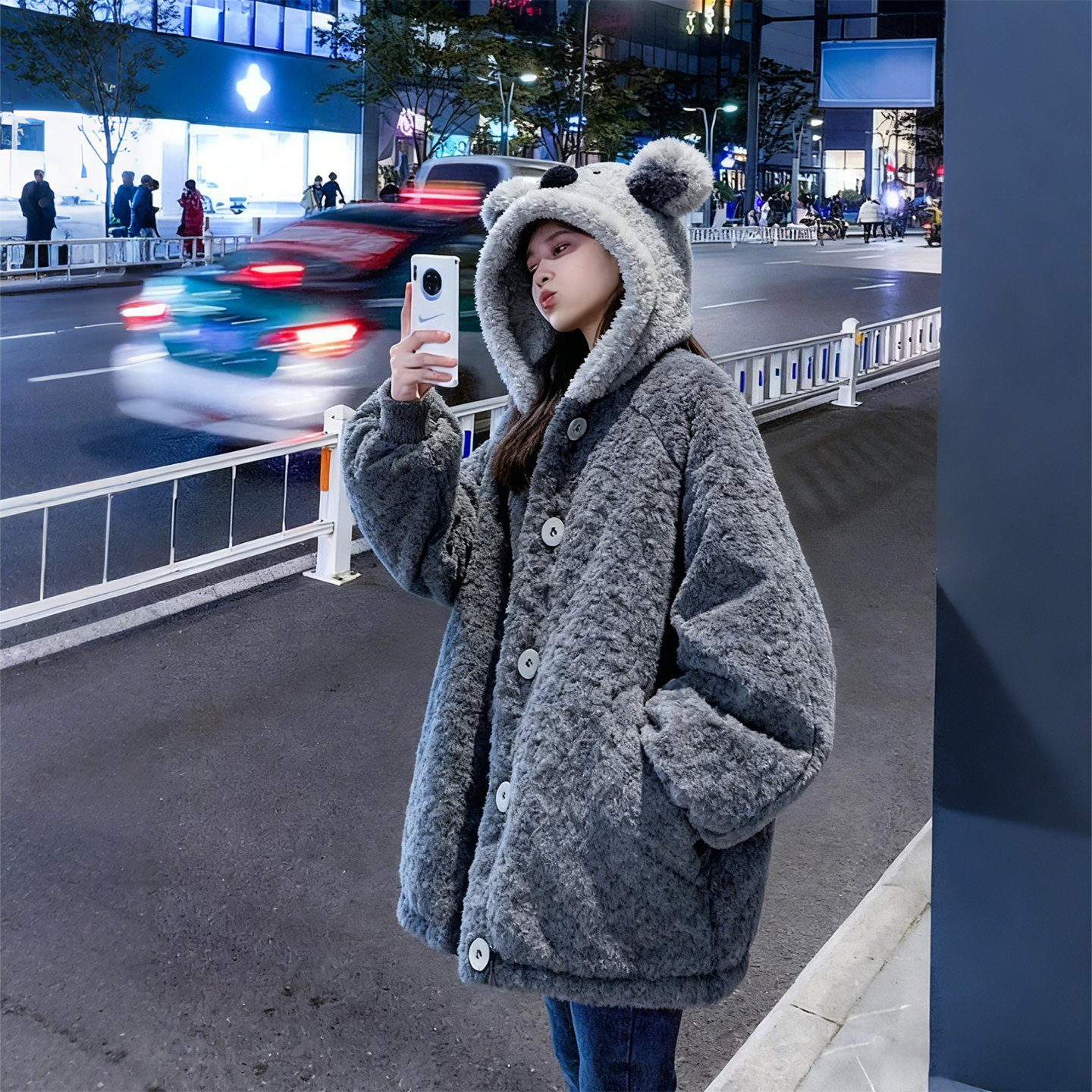 特大码可爱小熊耳朵棉服