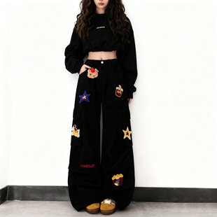 特大码女装胖mm黑色卡通刺绣阔腿裤女童趣风高腰显瘦百搭工装裤潮