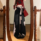 女装 胖mm美式 复古蝴蝶结绑带格子拼接阔腿裤 大码 女高腰显瘦长裤 潮