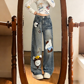 女宽松高腰拖地长裤 胖mm卡通风小狗刺绣水洗阔腿牛仔裤 女装 特大码
