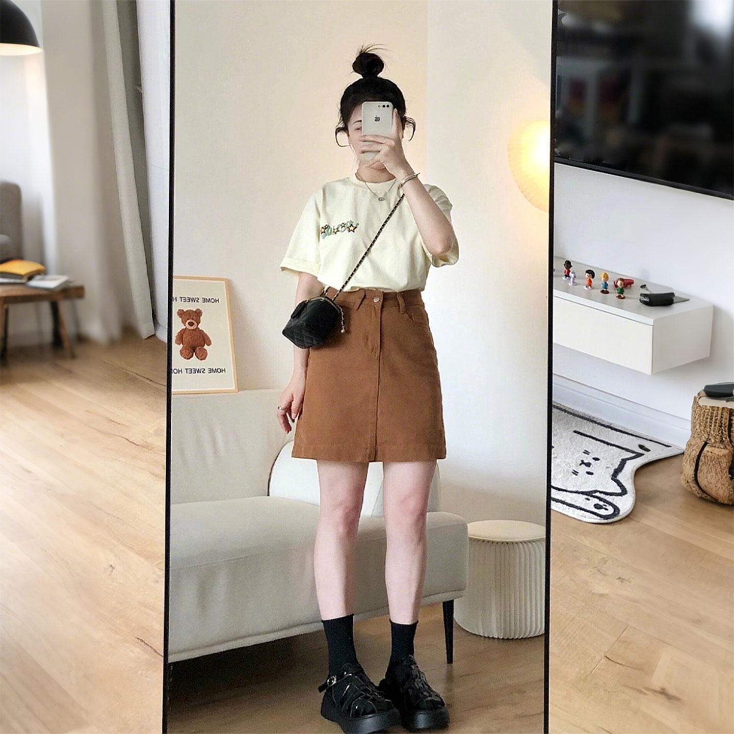 特大码女装胖mm复古棕色牛仔短裙子女显瘦遮胯半身裙高腰a字裙潮