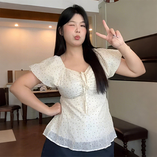 衬衫 大码 甜美风波点泡泡袖 胖mm法式 女宽松显瘦遮肉T恤上衣潮 女装