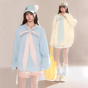 300斤胖mm大码 学院风连帽蝴蝶结绑带卫衣女宽松显瘦设计感上衣潮