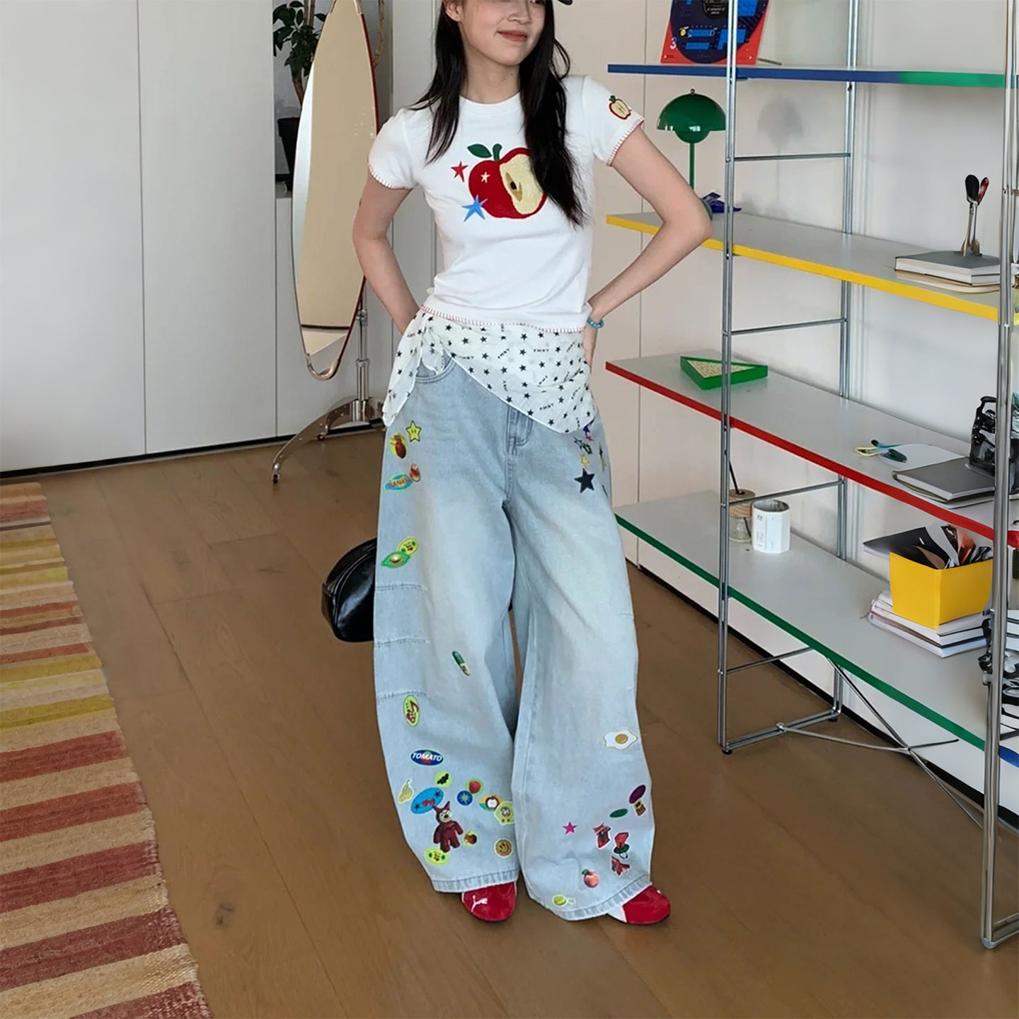 大码女装美式复古卡通贴纸牛仔裤