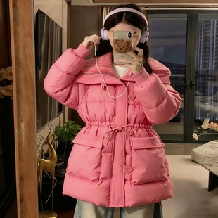 宽松收腰中长款 胖mm粉色翻领棉服女冬季 加厚棉衣外套潮 女装 特大码