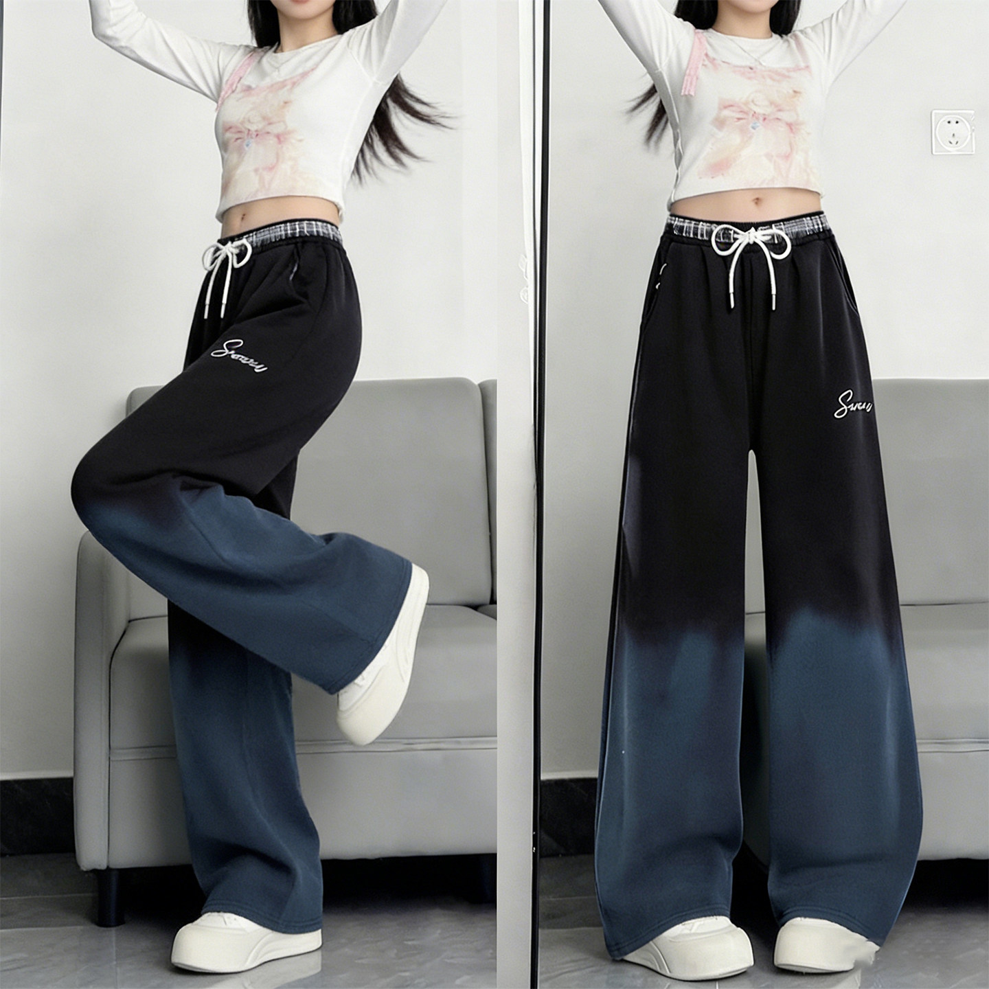 特大码女装胖mm设计感渐变色阔腿裤女高腰显瘦抽绳休闲运动卫裤潮,女装/女士精品,大码裤装,淘宝优惠券,粉丝福利购,淘宝优惠卷