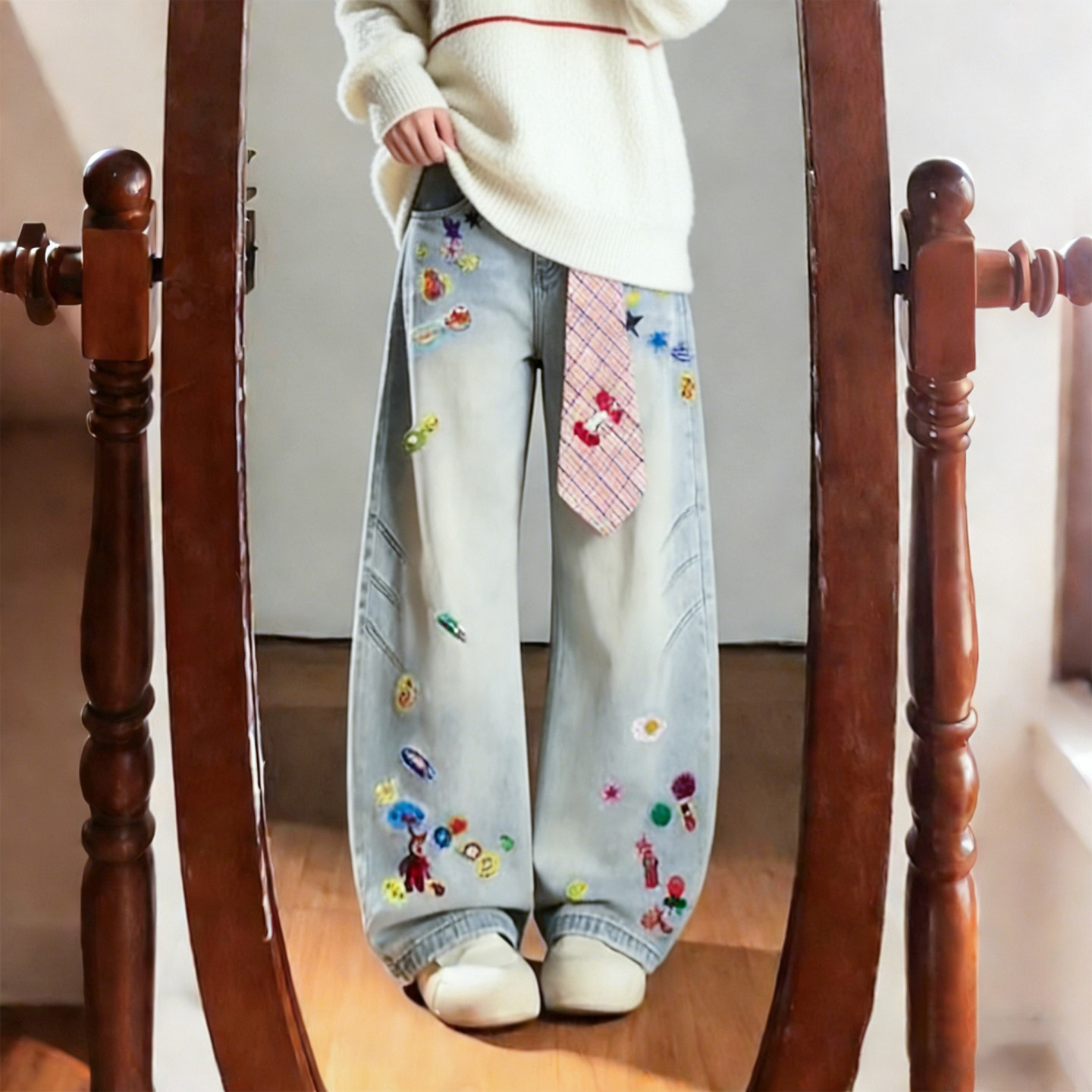 特大码女装胖mm美式复古卡通印花牛仔裤女高腰显瘦宽松阔腿裤子潮,女装/女士精品,大码裤装,淘宝优惠券,粉丝福利购,淘宝优惠卷