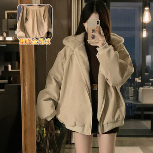 宽松连帽棉服女冬季 胖mm韩版 加绒显瘦设计感百搭棉衣外套 女装 大码