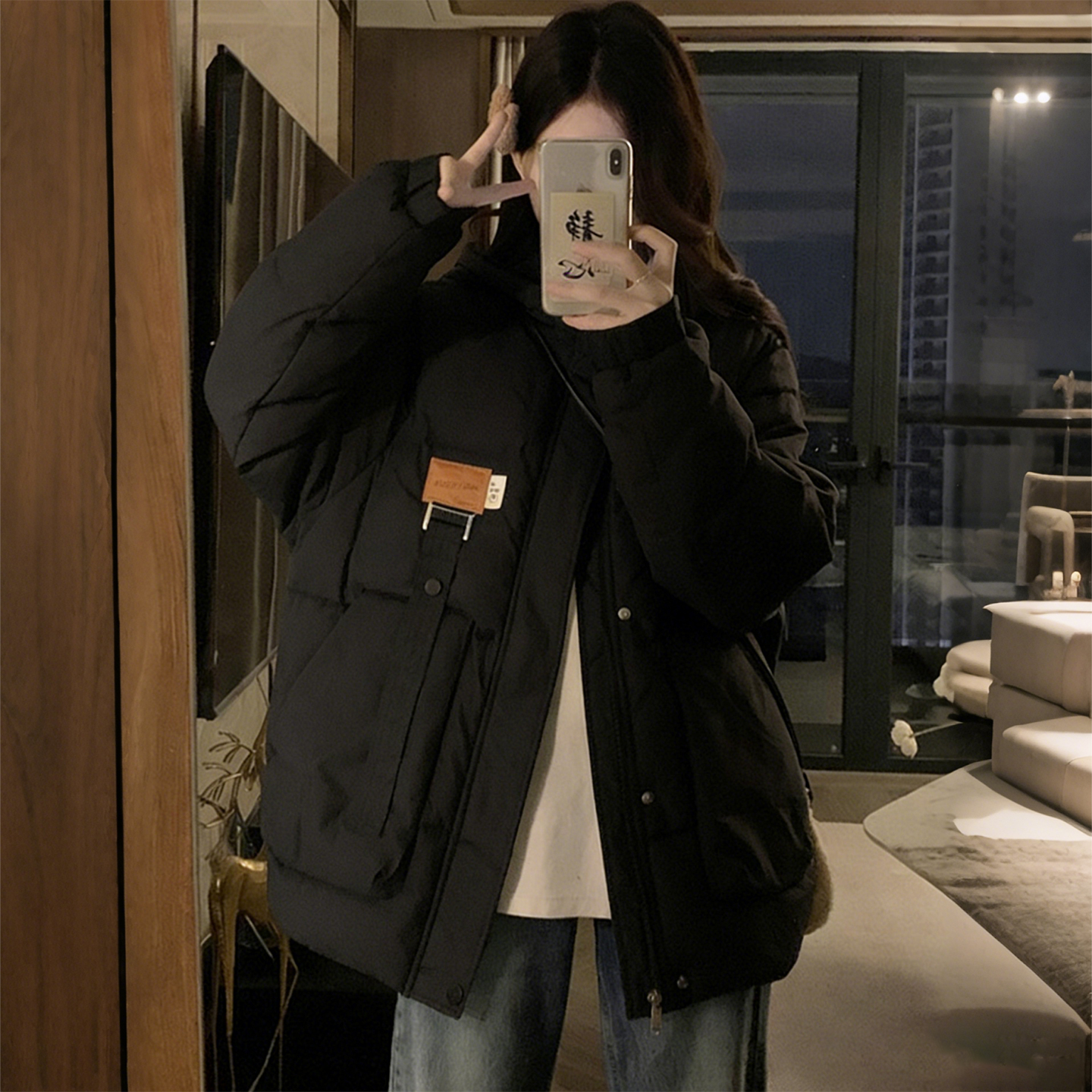 大码女装胖mm工装风连帽棉服女冬季宽松显瘦加厚保暖百搭棉衣外套