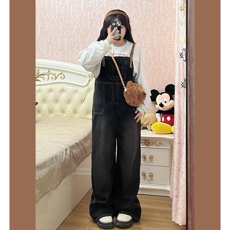 300斤胖mm大码女装遮肚藏肉牛仔背带裤女秋季宽松复古显瘦连体裤