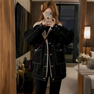 特大码女装胖mm韩版黑色加绒牛仔棉服外套女宽松显瘦百搭保暖棉衣