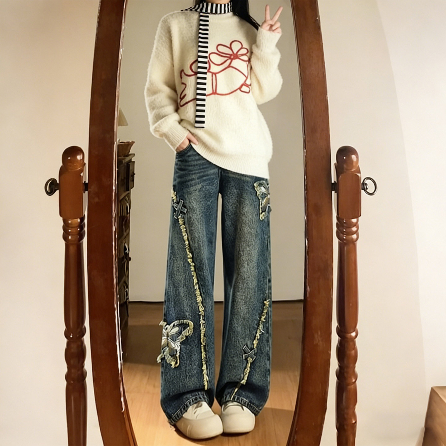 特大码女装胖mm复古贴布阔腿牛仔裤女高腰显瘦宽松设计感直筒裤潮,女装/女士精品,大码裤装,淘宝优惠券,粉丝福利购,淘宝优惠卷