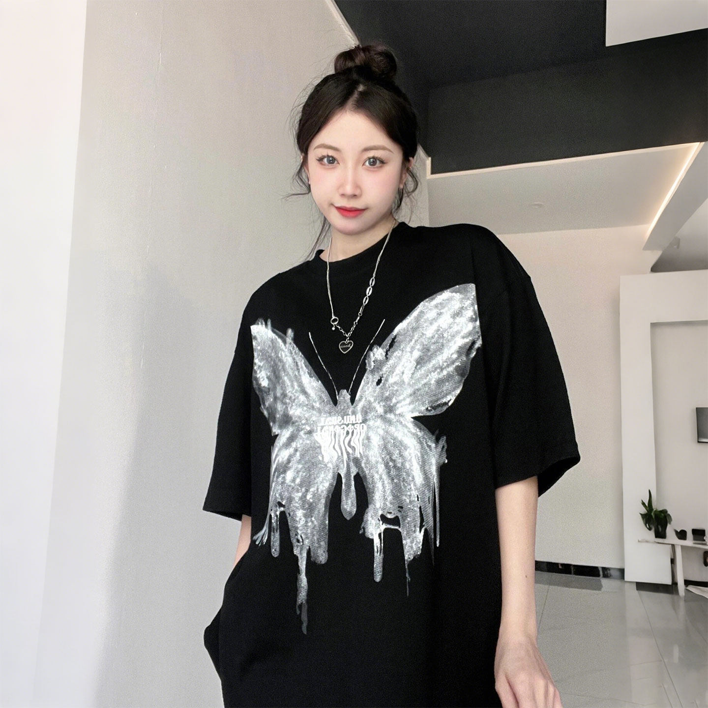 特大码女装胖mm美式街头风黑色蝴蝶印花短袖t恤女小众ins设计上衣,女装/女士精品,大码内搭,淘宝优惠券,粉丝福利购,淘宝优惠卷