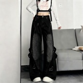 特大码 女高腰显瘦高街风阔腿长裤 女装 胖mm复古水洗做旧拼接牛仔裤