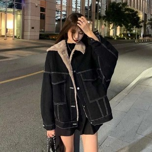 加绒加厚牛仔外套秋冬新款 女装 宽松休闲百搭棉衣 300斤胖mm大码