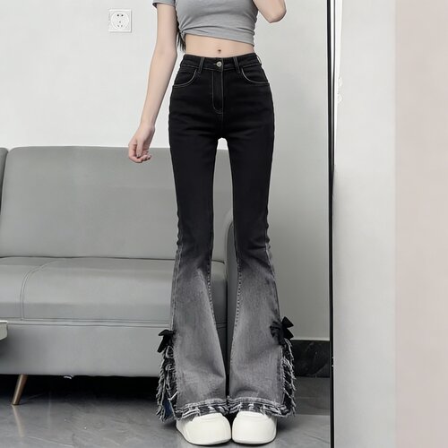 大码高腰显瘦复古渐变微喇牛仔裤