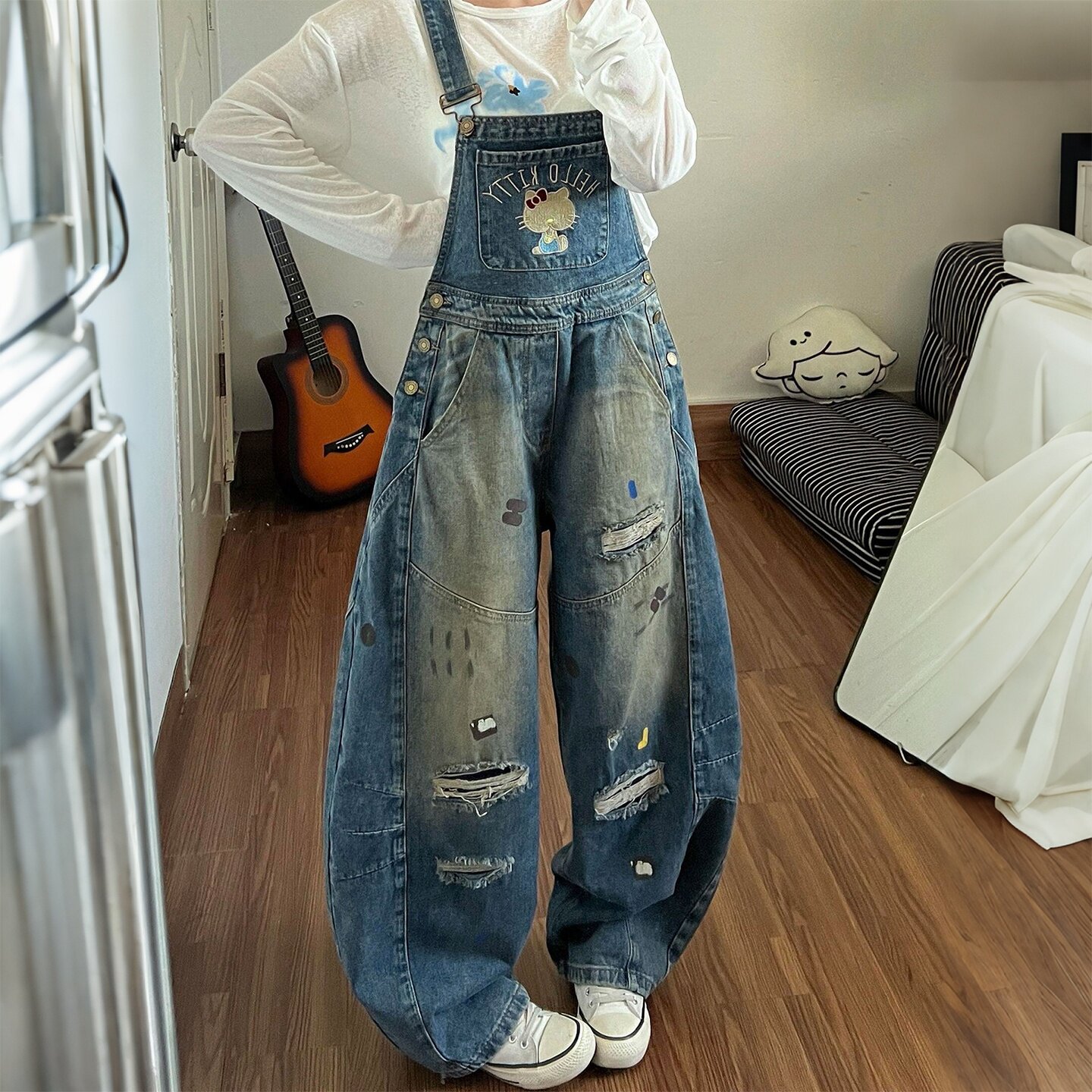 胖mm大码女装美式复古刺绣牛仔背带裤女宽松显瘦破洞设计感连体裤