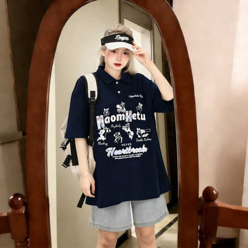 大码美式卡通宽松显瘦短袖POLO衫