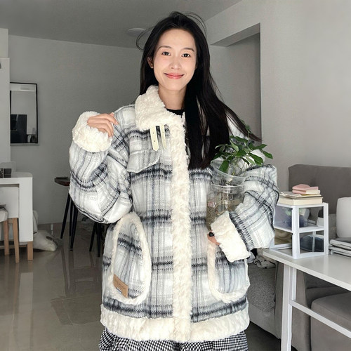 特大码女装胖mm格纹羊羔毛棉服