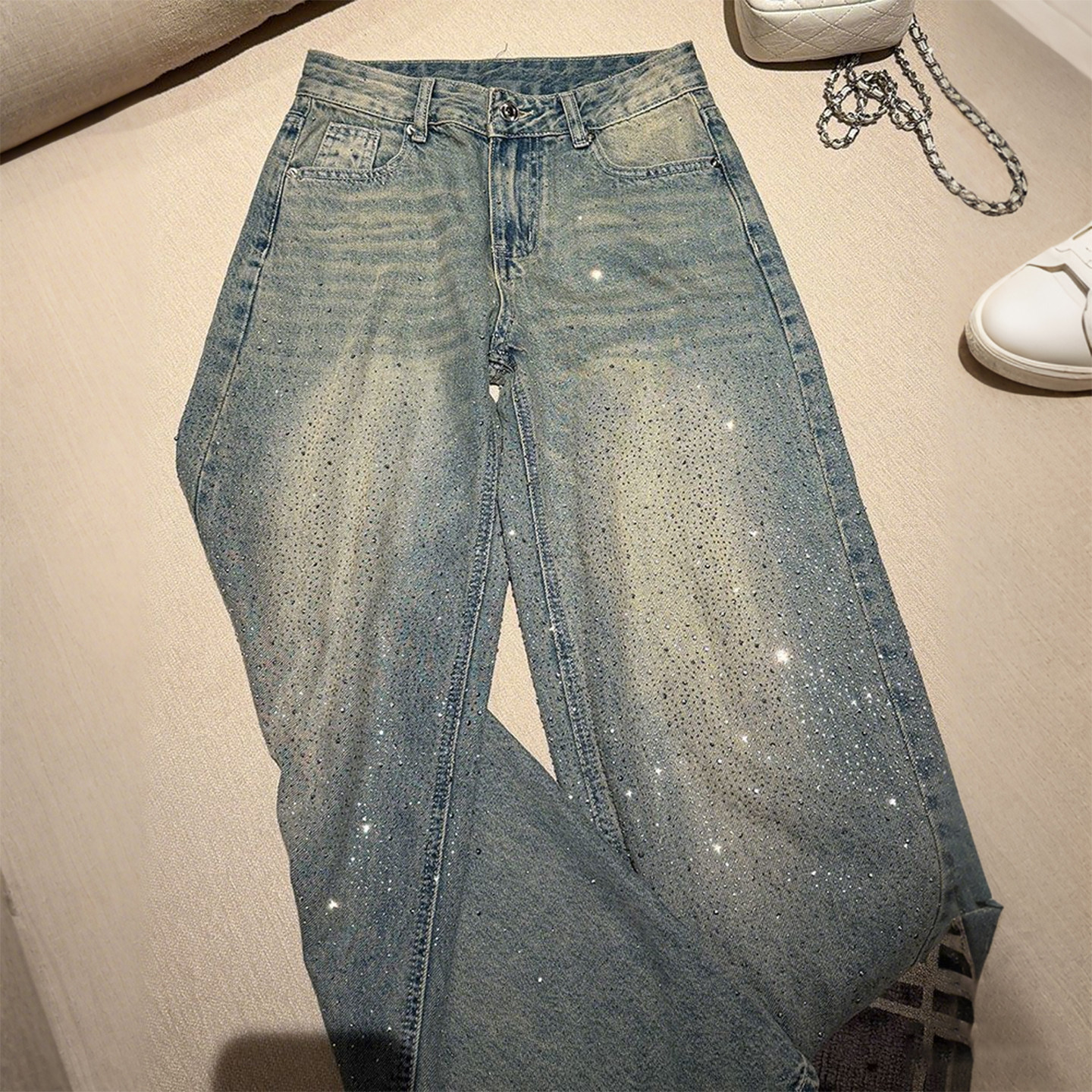 大码女装胖mm美式复古烫钻阔腿牛仔裤女高腰显瘦宽松设计感直筒裤,女装/女士精品,大码裤装,淘宝优惠券,粉丝福利购,淘宝优惠卷