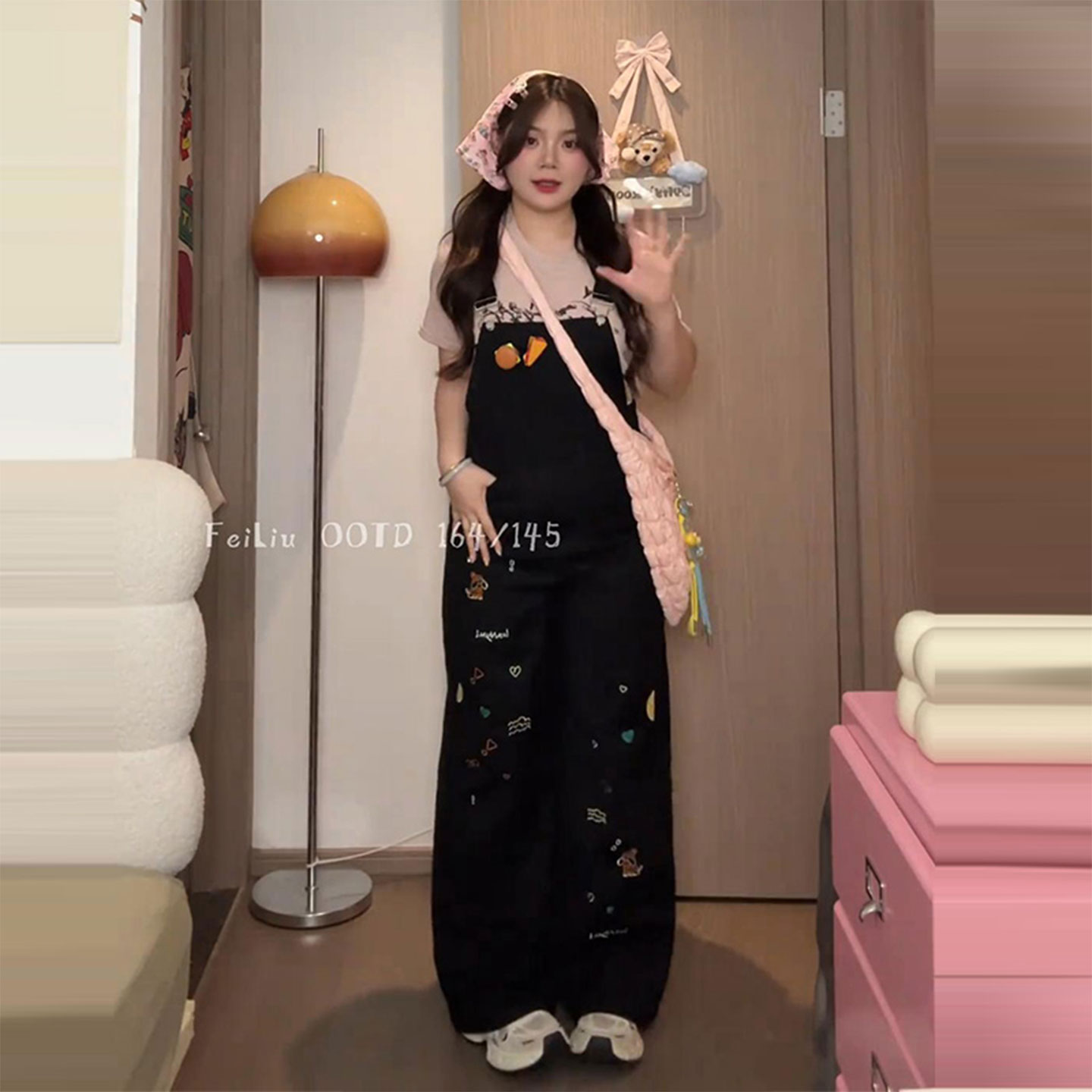 特大码女装胖mm美式复古卡通刺绣背带裤女高腰显瘦宽松阔腿连体裤