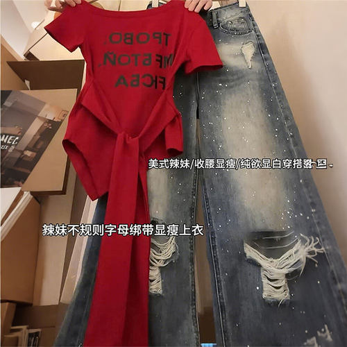 大码女装美式复古红色短袖t恤