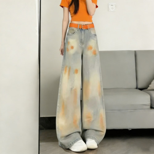 大码女装高腰显瘦做旧弯刀牛仔裤