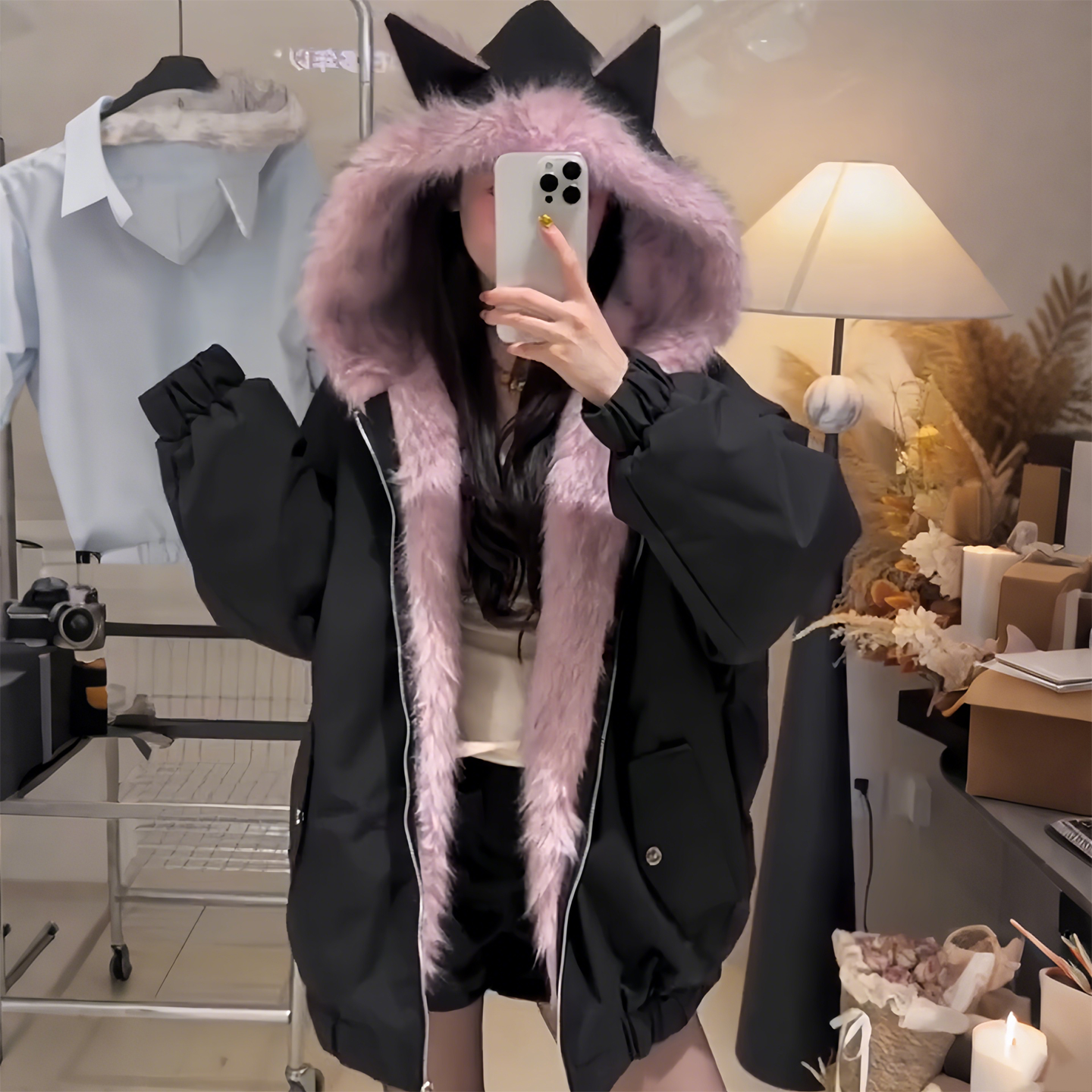 特大码女装可爱猫耳朵连帽棉服