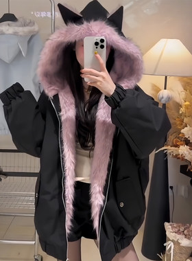 特大码女装可爱猫耳朵连帽棉服