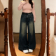 女高腰显瘦设计感百搭直筒裤 胖mm复古水洗做旧阔腿牛仔裤 女装 大码
