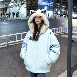 新款 胖mm可爱毛领连帽棉服女冬季 加厚保暖宽松棉袄外套 女装 特大码